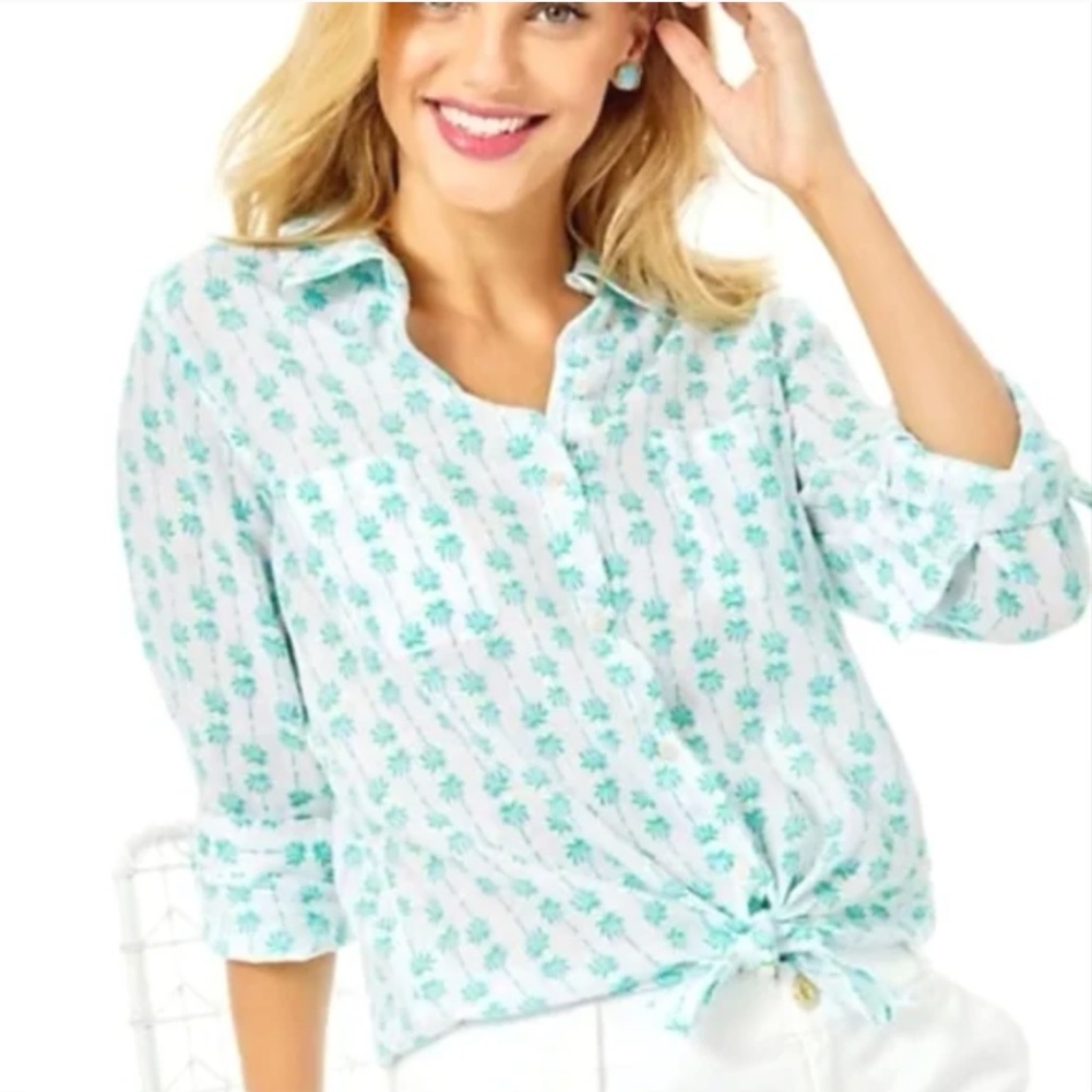 Lilly Pulitzer Sea View 100% Linen button-down Shirt Top Palms Up Size XS